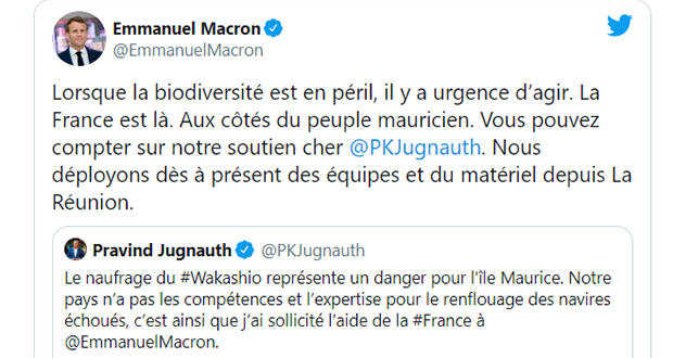 Naufrage du Wakashio: Emmanuel Macron répond au tweet de Pravind Jugnauth