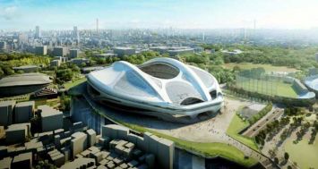 La maquette du futur stade de Tokyo poure les JO-2020, dessiné par l'architecte irako-britannique Zaha Hadi, présentée le 28 mai 2014.