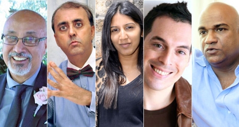 From left to right : Paul Comarmond (artist), Sadek Ruhmally (poet), Uvi Babajee (artistic manager and lyricist), Christophe Botti (writer and theatre director) and Selven Naidu (film-maker).