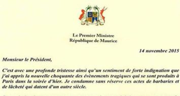 La lettre de condoléances envoyée par Maurice au président français.