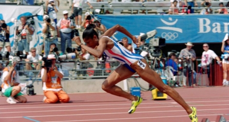 L'athlète française Marie-José Perec, lors du 400m aux Jeux Olympiques de Barcelone, le 1er août 1992