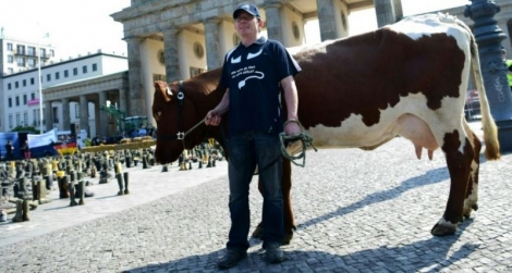 Un éleveur allemand manifeste devant la porte de Brandebourg, le 30 mai 2016 à Berlin