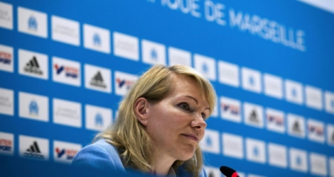 La propriétaire du club de football l'Olympique de Marseille Margarita Louis-Dreyfus, lors d'une conférence de presse le 4 août 2016 au stade Vélodrome à Marseille (sud de la France).