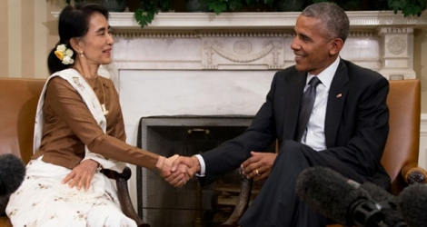La chef de la diplomatie birmane et icône mondiale de la démocratie, Aung San Suu Kyi, et le président américain, Barack Obama à Washington, le 14 septembre 2016.