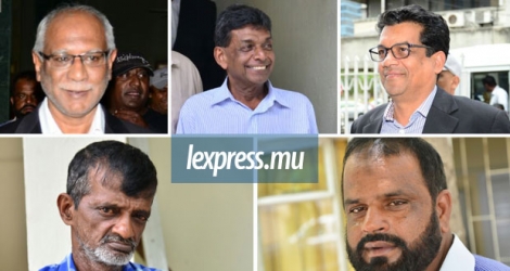 De gauche à droite: Cader Sayed Hossen, Balkissoon Hookoom, Rajesh Jeetah, Cassam Dhunny et Antonio Monique Moonesawmy ont été libérés sans avoir à fournir de caution.