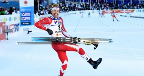 Le fondeur canadien Alex Harvey, lors de sa victoire sur 50 km libre des Mondiaux de Lahti, le 5 mars 2017.