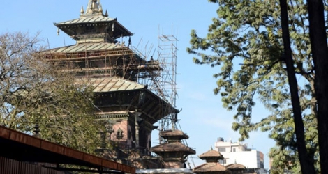 Travaux de rénovation place Durbar à Katmandou, au Népal, le 8 février 2017