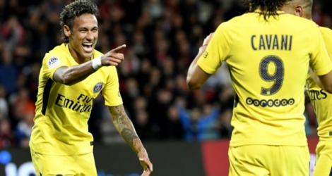 La joie de Neymar après son premier but pour le PSG face à Guingamp au Roudourou, le 13 août 2017.
