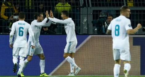 Cristiano Ronaldo fête son premier but avec le Real Madrid sur le terrain du Borussia Dortmund, en Ligue des champions, le 26 septembre 2017
