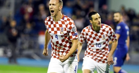 Le Croate Ivan Perisic après un but contre la Grèce en barrage aller pour le Mondial-2018, le 9 novembre 2017 à Zagreb