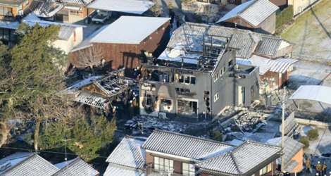 Vue aérienne de la zone résidentielle où un hélicoptère militaire s'est écrasé, le 6 février 2018 à Kanzaki, au Japon