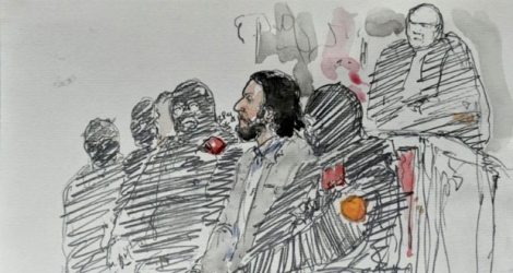 Croquis d'audience de Salah Abdeslam réalisé le 5 février 2018 lors de son procès devant un tribunal de Bruxelles.