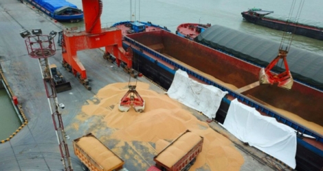Des ouvriers chargent du soja importé dans le port de Nantong (province de Jiangsu), le 4 avril 2018 .