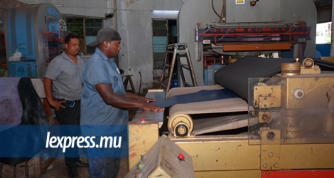 Ali Beekun, directeur de Luxor Tannery Ltd, en compagnie d’un employé pendant le traitement du cuir dans son atelier à Roche-Bois. 