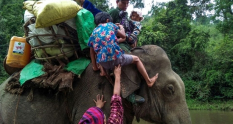 Le 2 mai 2018 une famille de déplacés grimpe sur un éléphant chargé de leur effets personnels pour traverser une rivière à Danai en Birmanie.