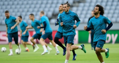 L'attaquant gallois Gareth Bale intensifie son effort lors d'un entraînement du Real Madrid à Munich, le 24 avril 2018.