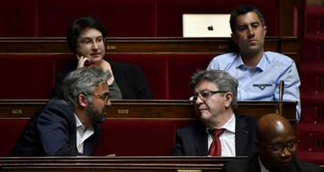 Les députés La France Insoumise Muriel Ressiguier, François Ruffin, Alexis Corbière et Jean-Luc Melenchon à l'Assemblée nationale le 22 mai 2018