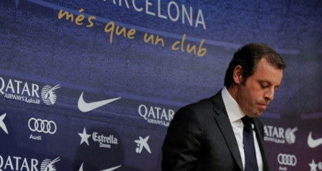 L'ancien président du FC Barcelone Sandro Rosell lors de la conférence de presse annonçant sa démission, le 23 janvier 2014 à Barcelone.