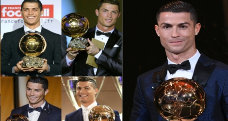 L'attaquant du Real Madrid Cristiano Ronaldo et ses 5 ballons d'or 2008, 2013, 2015, 2016 et 2017.