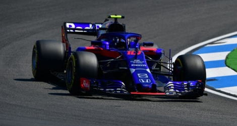Le conducteur français de la Toro Rosso, Pierre Gasly, au cours de la première séance d'essais libres, le 20 juillet 2018 à Hockenheim avant le GP d'Allemagne