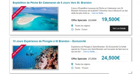  Des imprimés d’écran d’offres de croisières-expéditions proposées à Saint-Brandon. À la différence de Silversea, celles-ci se font en catamaran.    