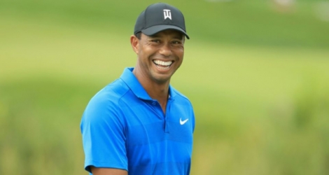 La star du golf Tiger Woods à la veille du coup d'envoi du Dell Technologies Championship, le 30 août 2018 à Norton (Massachusetts) 