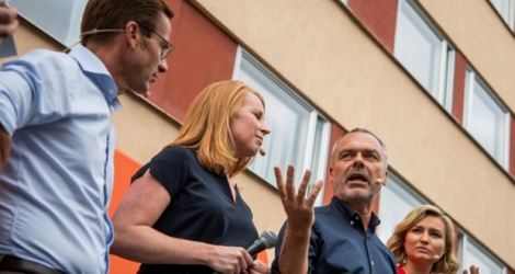 Les chefs des partis réunis dans la coalition Alliance en campagne à Uppsala en Suède, le 6 septembre 2018 