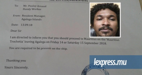 Fac-similé de la lettre envoyée jeudi 13 septembre à Arnaud Poulay, handyman pour l’OIDC à Agalega. 
