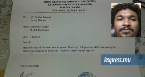 La lettre que l’Outer Islands Development Corporation a fait parvenir à Arnaud Poulay, ce vendredi 14 septembre.