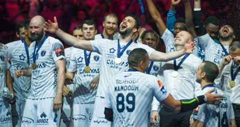 Les joueurs de Montpellier en liesse après leur sacre aux dépens du HBC Nantes en Ligue des champions, le 27 ami 2018 à Cologne