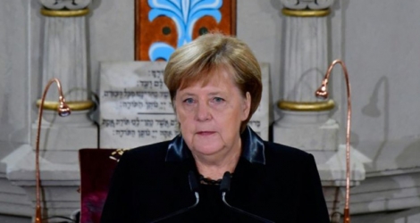 La chancelière allemande Angela Merkel pendant une cérémonie à la synagogue de Rykestrasse à Berlin le 9 novembre 2018.