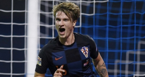 Le Croate Tin Jedvaj vient de marquer contre l'Espagne en Ligue des Nations, le 15 novembre 2018 à Zagreb.