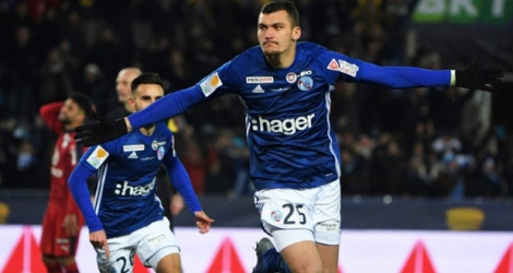 L'attaquant de Strasbourg Ludovic Ajorque vient de marquer contre Bordeaux en demi-finale de la Coupe de la Ligue, le 30 janvier 2019 à Strasbourg.
