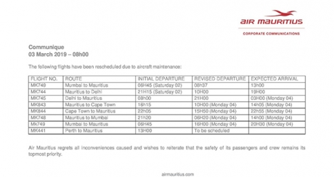 Huit vols d’Air Mauritius ont été reportés ce week-end du 2 au 3 mars. 