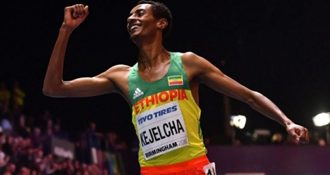 L'Ethiopien Yomif Kejelcha lors de la finale du 3.000 m en salle à Birmingham le 4 mars 2018