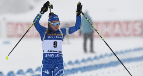Premier titre pour Dorothea Wierer victorieuse de la mass start des Mondiaux de biathlon à Östersund, le 17 mars 2019