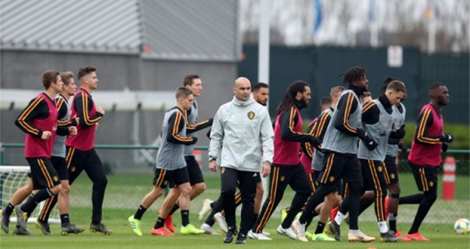 Les joueurs belges à l'entraînement, le 19 mars 2019 à Tubize en Wallonie.