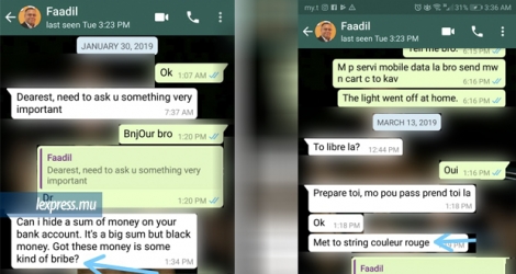Captures d’écran montrant des extraits de conversations WhatsApp entre Faadil Choonee et le jeune homme de 20 ans.