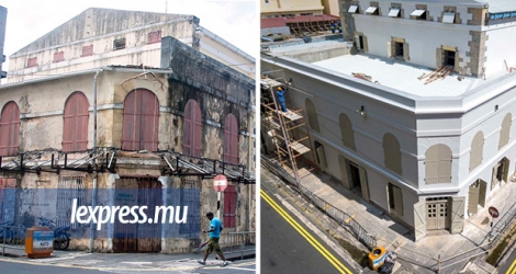 (À g.) La façade abîmée du théâtre de Port-Louis avant le début des travaux. (À dr.) La structure restaurée.