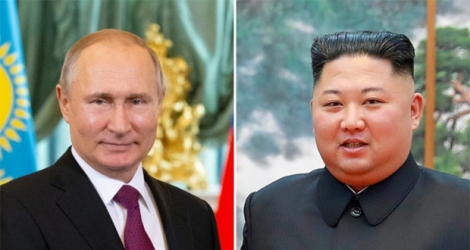  Montage photo de portraits du président russe Vladimir Poutine, le 3 avril 2019, et du leader nord-coréen Kim Jong Un, le 7 octobre 2018.
