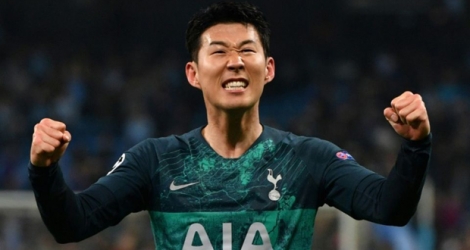 L'attaquant de Tottenham Son Heung-min exulte à la fin du match contre Manchester City ern quarts retour de C1 à l'Etihad Stadium, le 17 avril 2019.