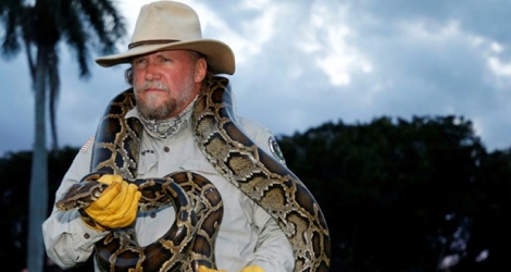 Tom Rahill, un python birman de 3 mètres autour du cou, dans le parc national des Everglades, le 25 avril 2019 à Fort Lauderdale, en Floride.