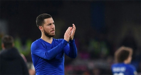 Eden Hazard fête la qualification de Chelsea pour la finale de la Ligue Europa à l'issue des tirs au but contre Francfort à Stamford Bridge, le 9 mai 2019.