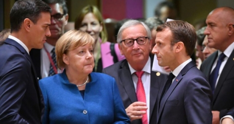 Pedro Sanchez, Angela Merkel, Jean-Claude Juncker et Emmanuel Macron à Bruxelles le 17 octobre 2018.