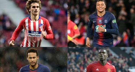 Combophoto des principaux joueurs cités dan la rubrique des trandsferts: (de g à dr.) Antoine Griezmann, Kylian Mbappé, Neymar Jr et Paul Pogba, le 17 juin 2019.