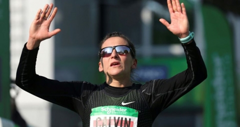 La Française Clémence Calvin 4e lors du marathon de Paris et nouvelle détentrice du record de France, le 14 avril 2019.