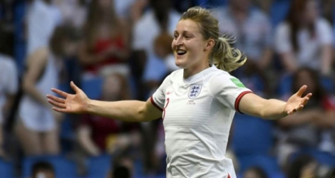 La joie de l'attaquante de l'Angleterre Ellen White après avoir inscrit un but contre la Norvège en quarts du Mondial, le 27 juin 2019 au Havre.