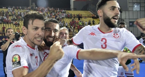 Le Tunisien Naim Sliti (c) buteur contre Madagascar en quart de finale de la CAN, le 11 juillet 2019 au Caire.