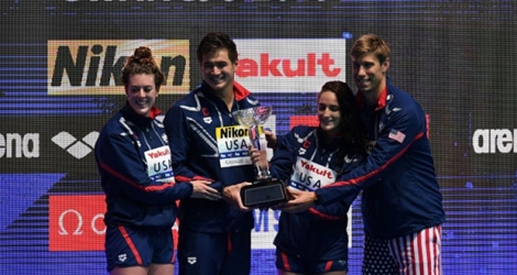 Les Américaines en or sur 4x100 m 4 nages aux Mondiaux de Gwangju le 28 juillet 2019.