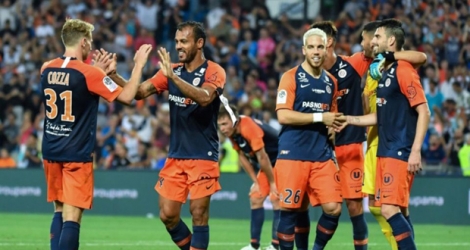 Les joueurs de Montpellier fêtent leur victoire à domicile sur Lyon 1-0 en match décalé de la 3e journée de L1 le 27 août 2019.